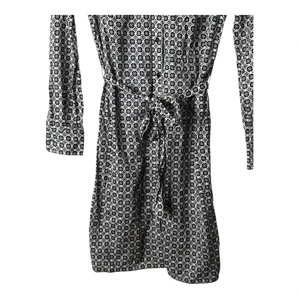 Tory Burch Cotton Shirt Dress Size 2 Geometric Print Roll Tab Sleeve Belted Mini